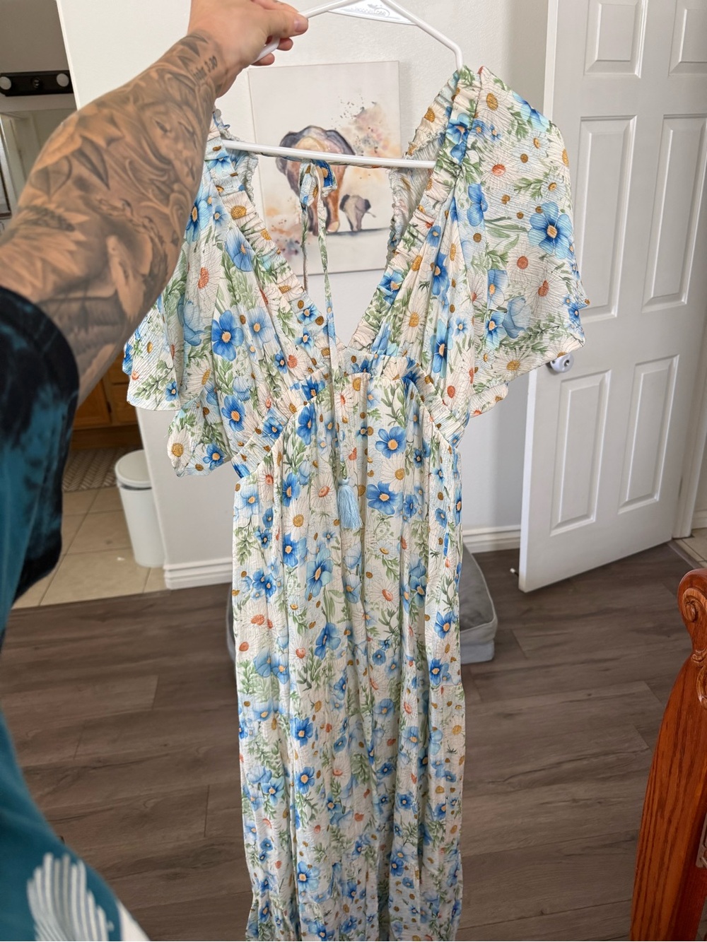 Fashion Nova White Maxi Dress with Blue Floral Print
